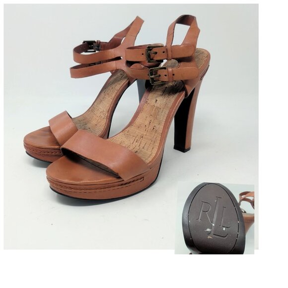 Ralph Lauren Shoes - Ralph Lauren Tan Leather Heels 10 Platform Ankle Strap